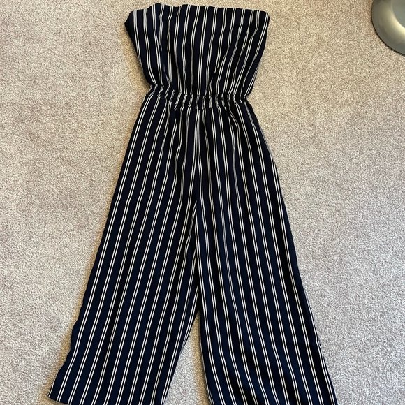 Lulu's Saltwater and Sun Navy Blue Striped Strapless Midi Jumpsuit - Picture 1 of 3
